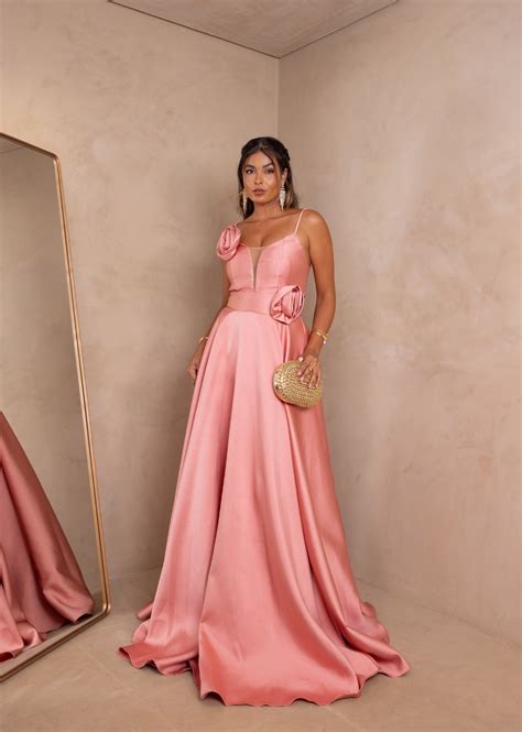 Vestido Longo Alcinhas Flores Removíveis Decote em V Acetinado Kindys Rosé | Cia do Vestido - Os ...
