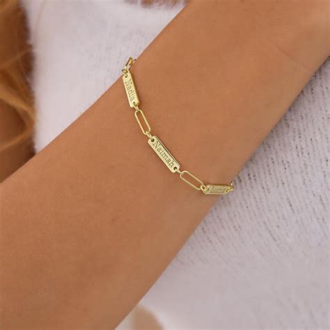14K Gold Link Chain Custom Mini Name Bar Bracelet ,engraved Charm ...