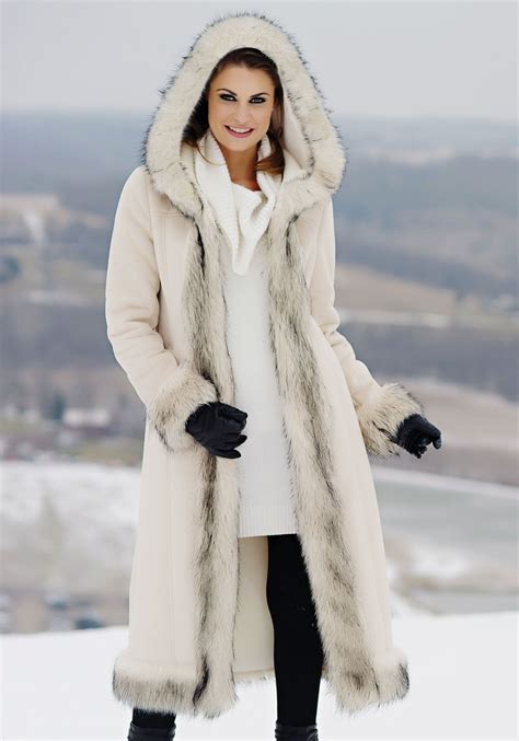 Ivory Faux Fur & Suede Full-Length Hooded Coat | Fabulous-Furs | Faux ...