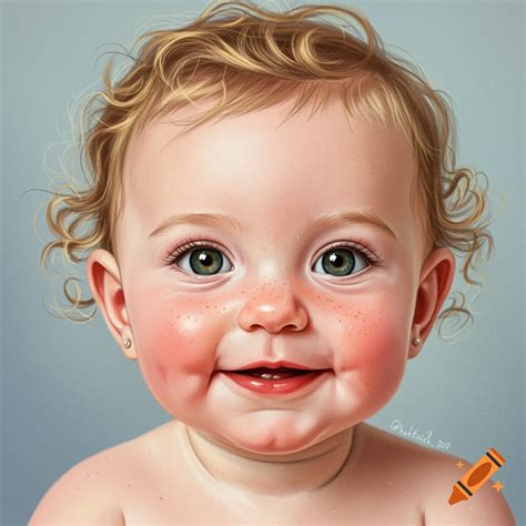 Baby girl with curly hair, freckles, and hazel eyes on Craiyon