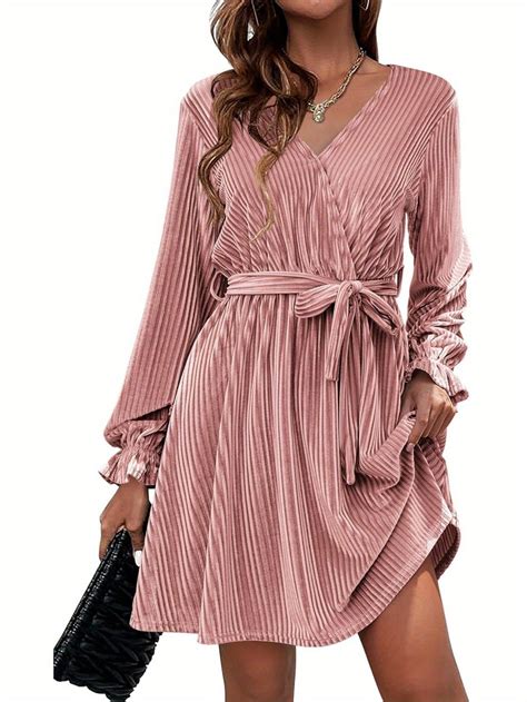 Womens Wedding Guest Dresses V Neck Wrap Dress with Belt Ruffle Lanter ...