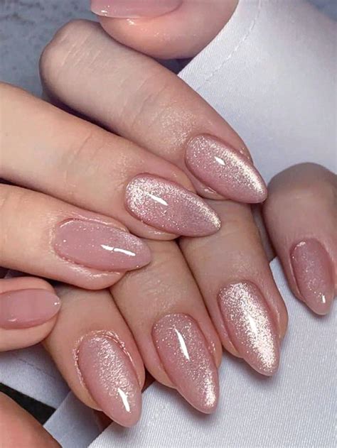 24Pcs Classic Cinnamon Nude Color Cat Eye Sparkle Simple Moisturizing Almond Shaped Nails + 1Pc ...