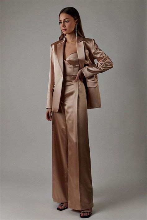 Women Satin 2pc Blazer High Waist Flared Pant Set Notch Lapel - Etsy ...