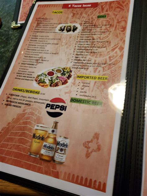 Menu at 4 Tacos Locos restaurant, Greenville