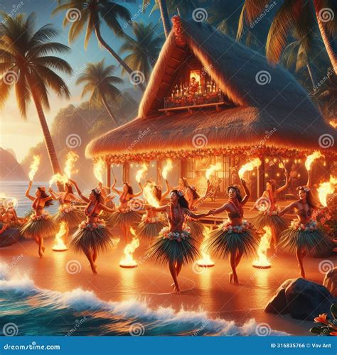 Hawaiian Luau with Hula Dancers and Fire Twirlers, Photorealis Stock ...