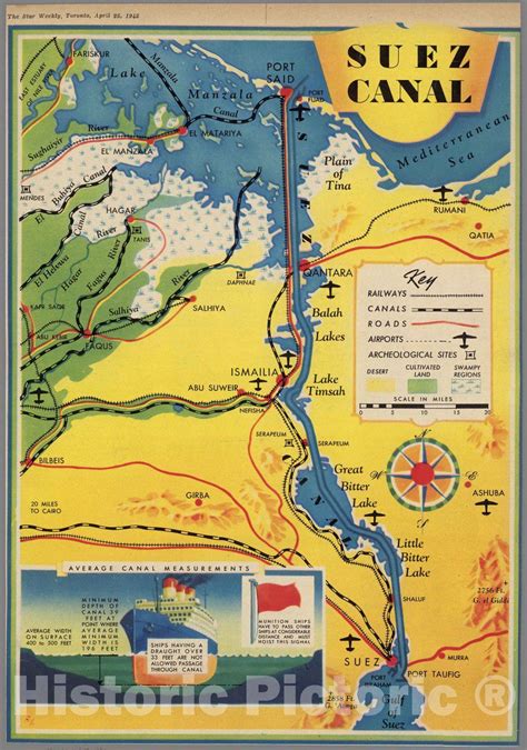 Historic Map : Suez Canal. The Star Weekly, Toronto, April 25, 1942 ...