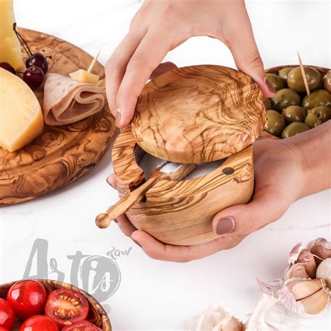 Olive Wood Salt Cellar with Pivoting Lid & Spoon - Artisraw