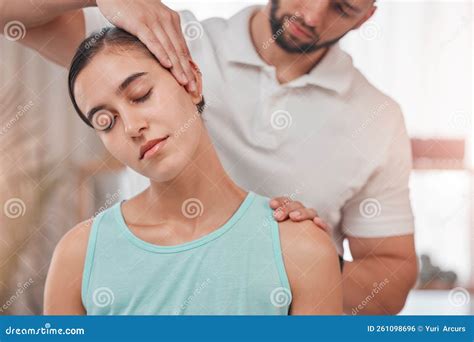 Physiotherapy, Neck Pain and Stretching with Woman and Doctor for Healthcare, Chiropractic or ...