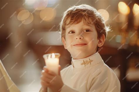 Premium Photo | Kid receiving his first holy communion Happy child holding Christening candle ...