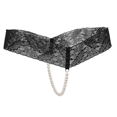 Sexy Women Crotchless Panties Sheer Lace Thong Underwear Pearls Strings ...