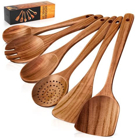 Wood Kitchen Spatula Set, 4pcs Natural Teak Wooden Spoons Non Stick ...