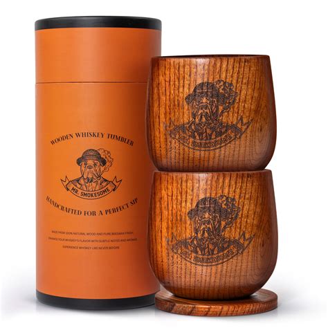 Charred Wooden Bourbon Glass Set with Coasters | 10 fl oz Whiskey ...