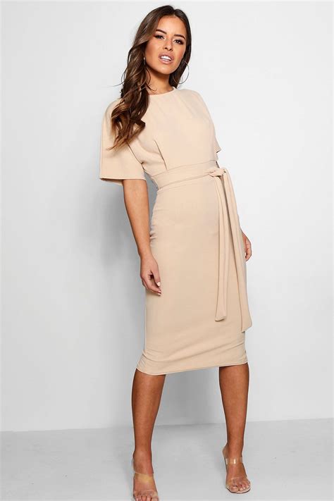 Petite Tie Waist Formal Wiggle Midi Dress | Petite work dresses, Petite ...