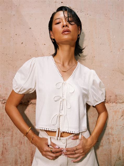 Front Tie Blouses - Off-White - Pomelo Fashion