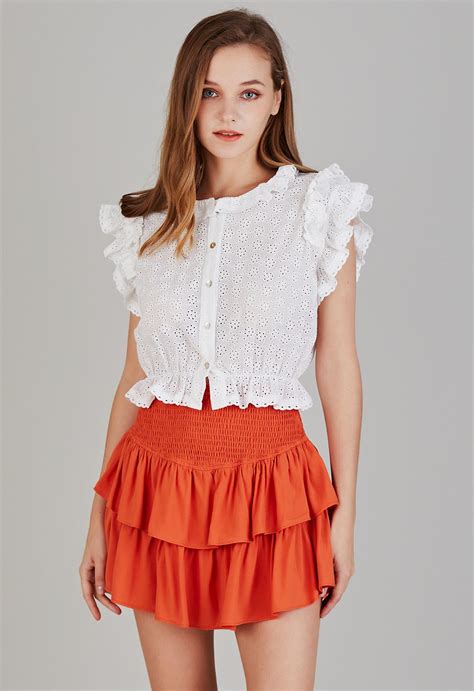 Tiered Ruffle Shirred Waist Mini Skirt in Orange - Retro, Indie and ...