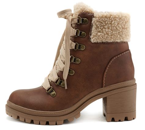 Soda Women Chunky Thick Heels Lug Sole Faux Fur Ankle Combat Boots Lace ...