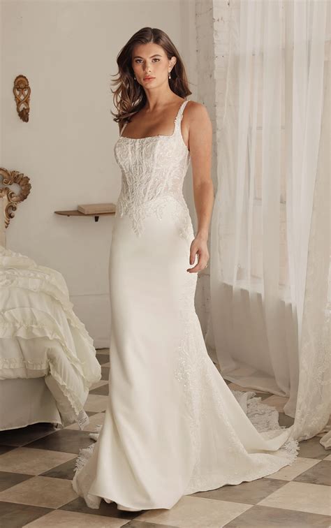 Elegant Lace Column Wedding Dress with Sheer Corset Bodice