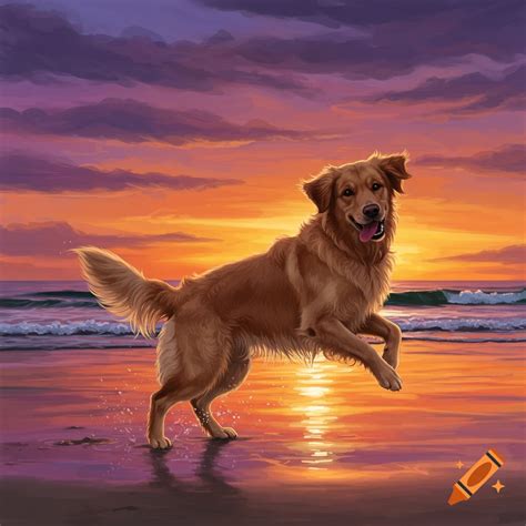Golden Retriever dog leaping on a beach at sunset. on Craiyon