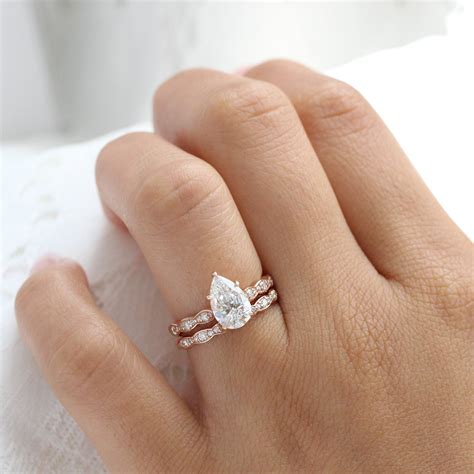 Large Pear Lab Diamond Ring Stack Rose Gold Solitaire Ring Bridal Set ...