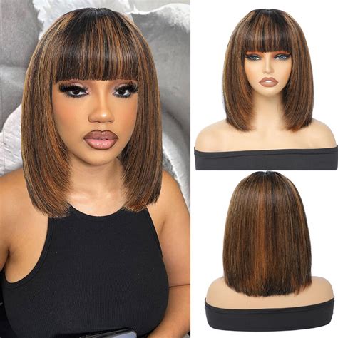 Amazon.com : Tatamagic Bob Wig With Bangs Human Hair 180 Density ...