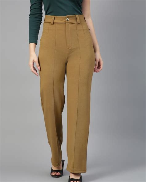 Buy Women's Honey Brown Straight Fit Trousers Online at Bewakoof