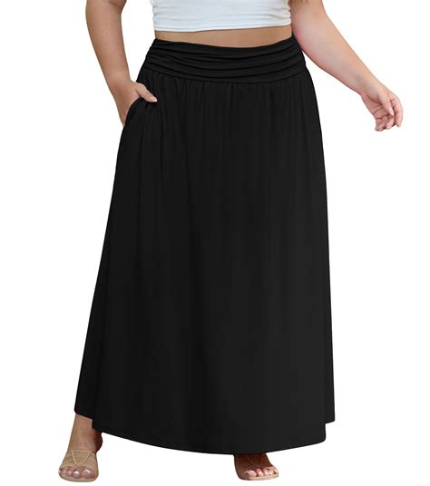 OLRIK Plus Size Black Skirt Elastic High Waist Pleated A-Line Flared ...