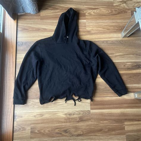 Black cropped and distressed pullover hoodie (Gender... - Depop