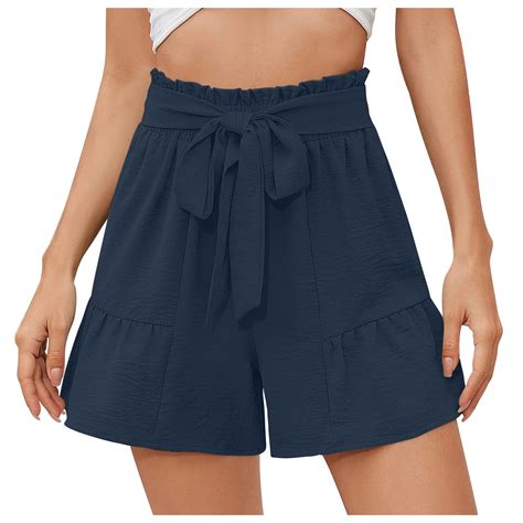 Womens Summer Casual Shorts High Waisted Tie Knot Front Ruffle Hem Wide ...