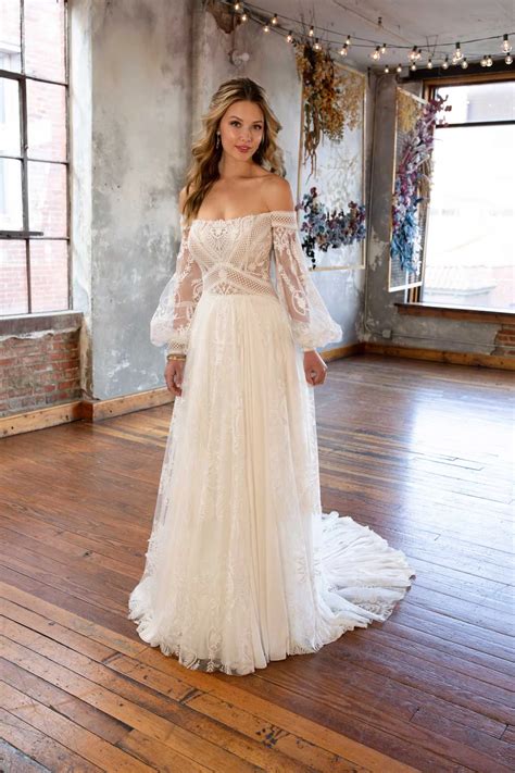 Bohemian Off the Shoulder Lace A-Line Wedding Dress with Long Sleeves