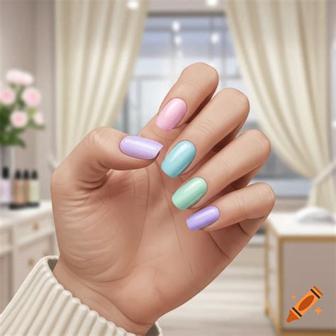 A hand with fingers spread, showing manicured nails painted in pastel ...