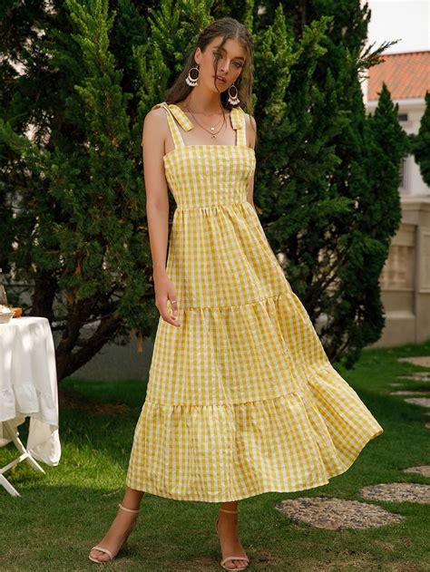 Gingham Tie Shoulder Ruffle Hem Cami Dress in 2025 | Cute yellow ...