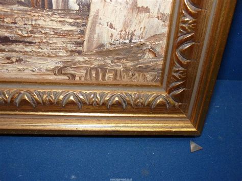 A framed Oil on canvas of a Mediterranean street scene, indistinctly ...