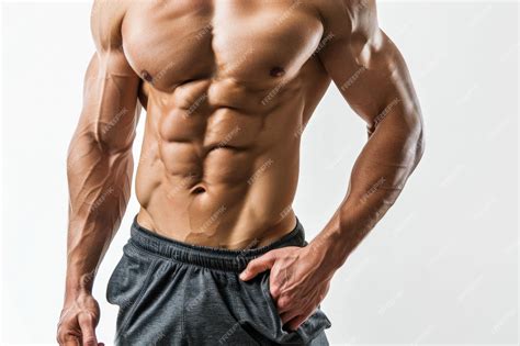 Músculos abdominais masculinos Bodybuilder mostra abdômen fundo branco ...
