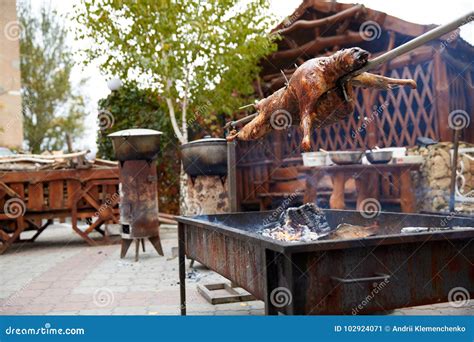 Whole Rabbit on a Spit on the Grill Roasts Stock Image - Image of cooked, food: 102924071