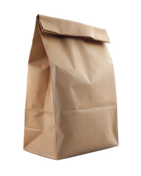Upright brown paper lunch bag with a closed top, isolated on a ...