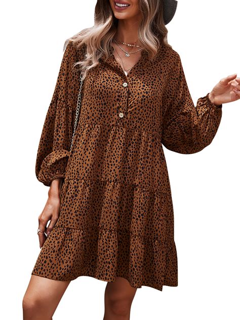 SHIBEVER Fall Long Sleeve Leopard Floral Tunic Dress for Women Boho V ...