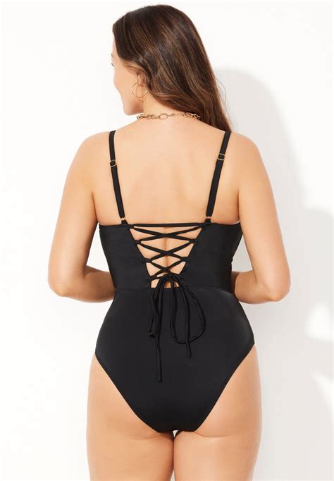 Flattering Underwire Lace Up One Piece Swimsuit, Black | Swimsuits For All