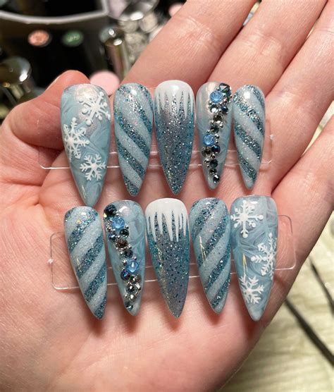Snowflake Wonderland Long Stiletto Gel Press on Nails - Etsy Canada ...