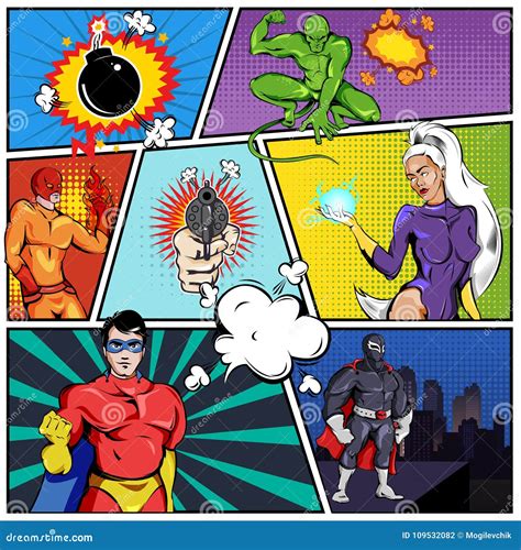 Comic Page Frame. Funny Superhero Comics Book Empty Pages With Radial ...