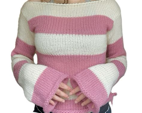 Handmade knit off the shoulder sweater - pink striped | Sweaters ...