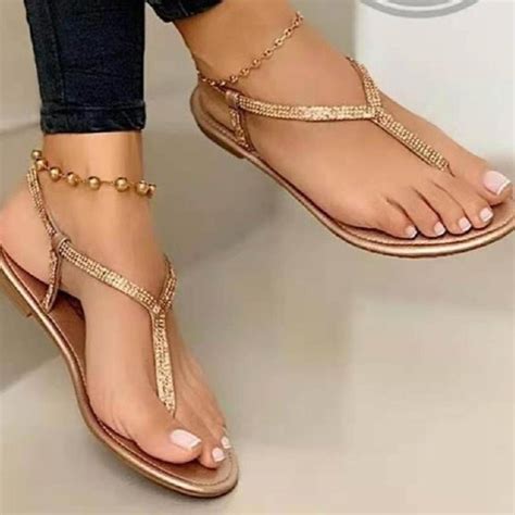 AURIGATE Womens T Strap Sandals Fashion Rhinestone Flat Sandal with ...