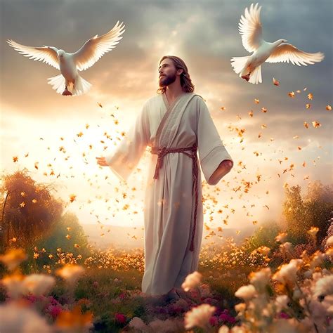 Jesus Christ stands with doves of peace with abstract lights in heaven ...