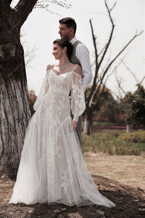 Butterfly Lace Tulle Boho Wedding Dress | Brydealo