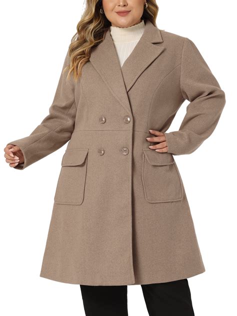 Women's Plus Size Long Winter Coats Notch Lapel Double Breasted Pea ...