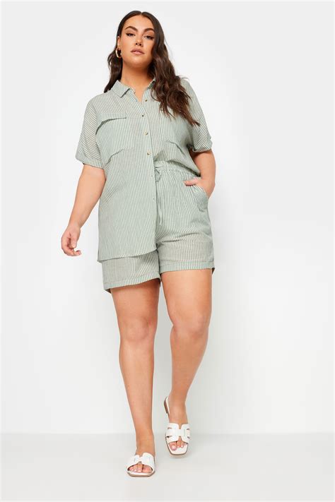YOURS Plus Size Sage Green Stripe Linen Shorts | Yours Clothing