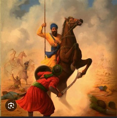 Guru Gobind Singh, the tenth Sikh Guru, on horseback during a battle ...