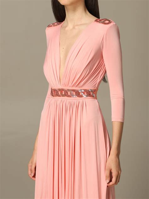 ELISABETTA FRANCHI: long jersey dress with beads - Pink | Elisabetta ...