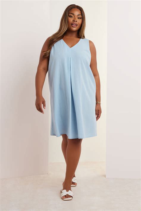 YOURS Plus Size Light Blue Pleat Front Linen Dress | Yours Clothing