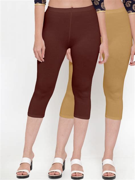 Buy GRACIT Women Pack Of 2 Brown & Nude Coloured Cotton Capris - Capris ...