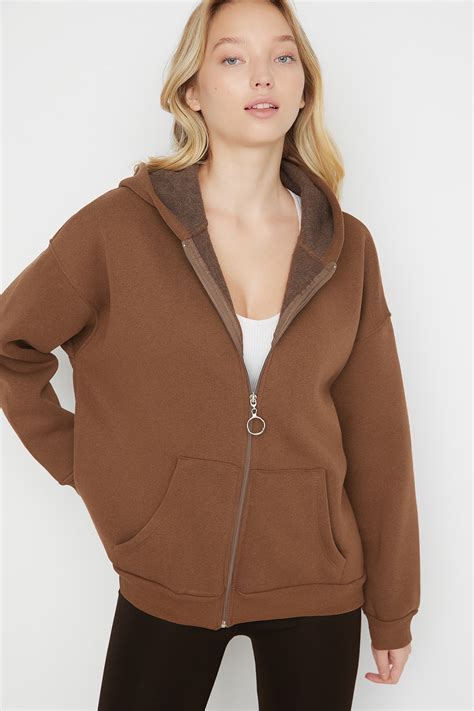 Trendyol Brown Hooded With Zipper Oversized, Fleece Inside Knitted ...